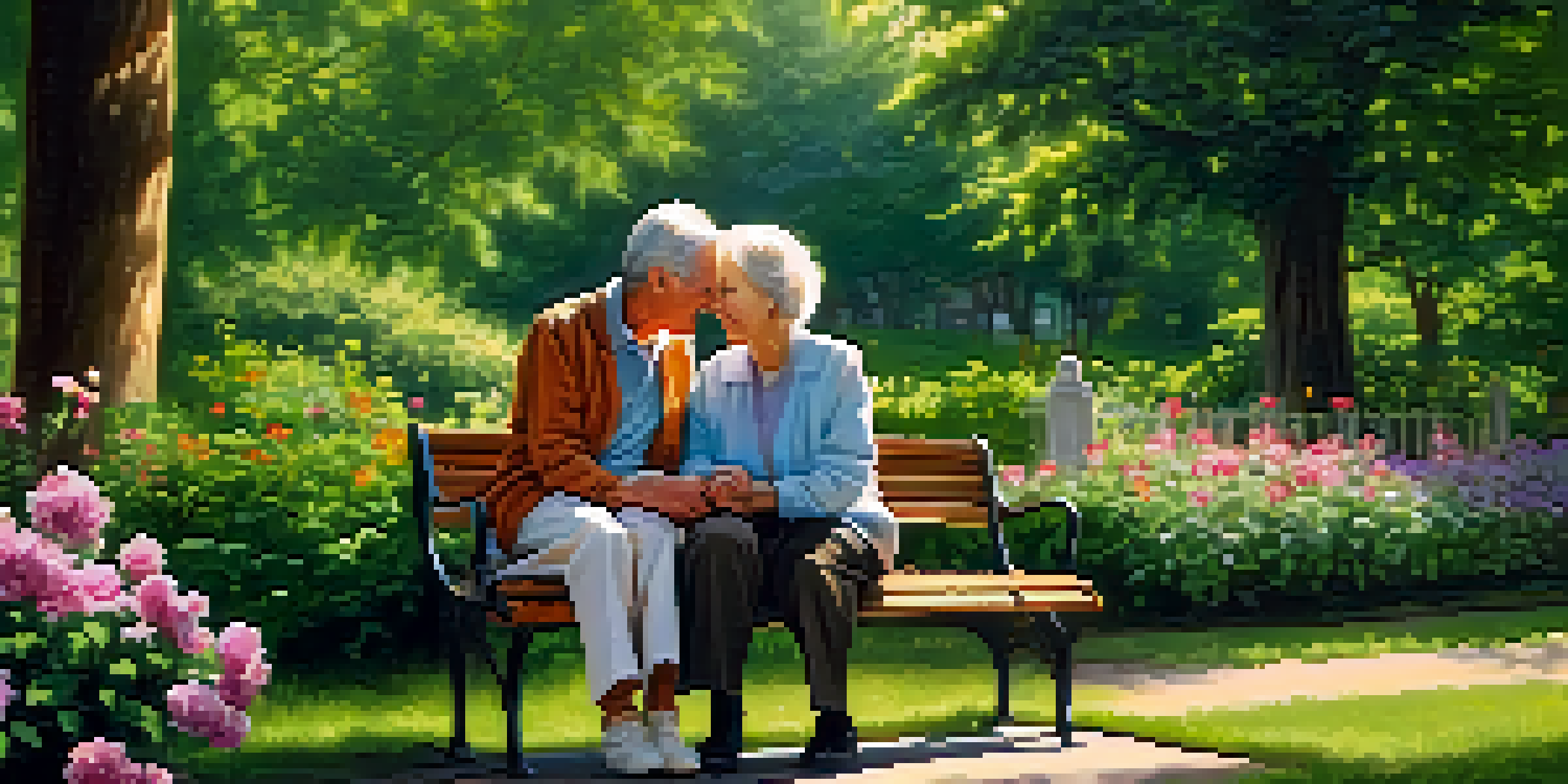 An elderly couple sitting on a park bench in a beautiful garden, smiling and enjoying their time together.