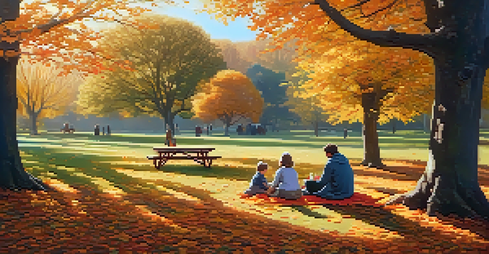 A peaceful park in autumn with colorful leaves and a family having a picnic under an oak tree.