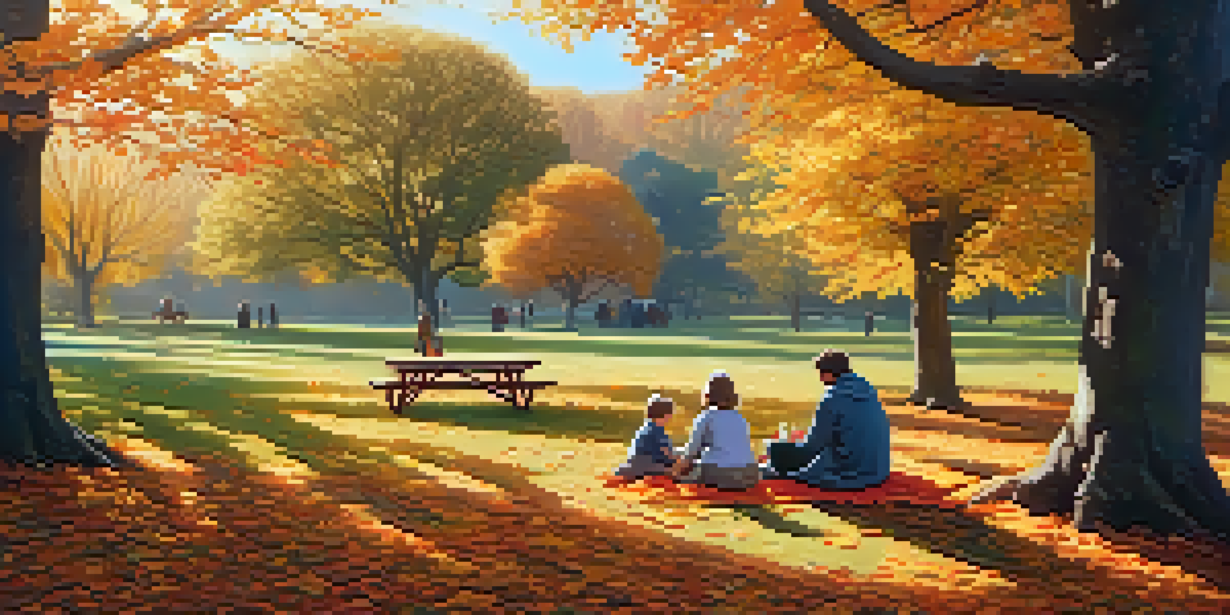 A peaceful park in autumn with colorful leaves and a family having a picnic under an oak tree.