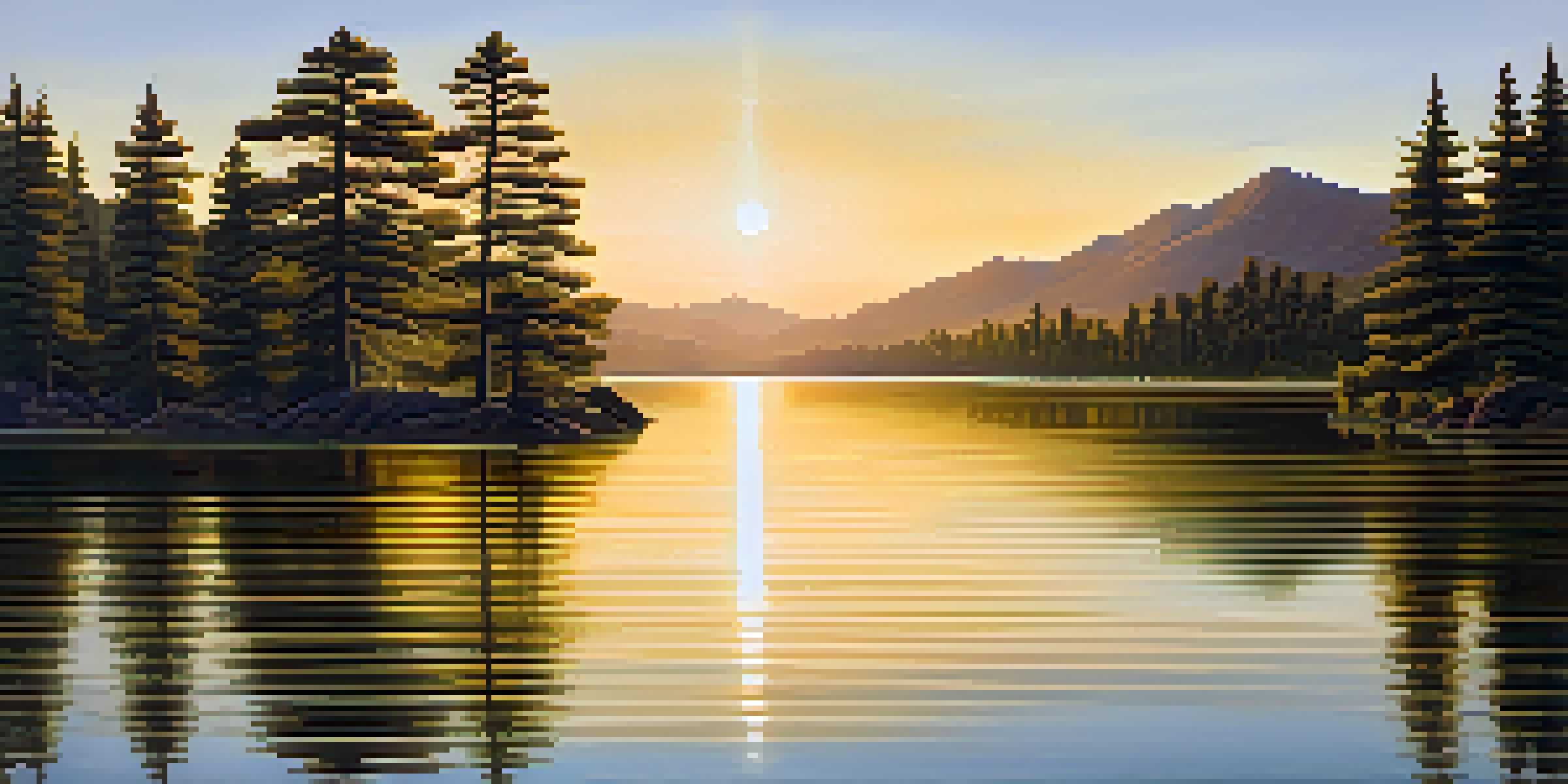 A peaceful lake at sunset, surrounded by green forests and mountains, with golden reflections on the water.