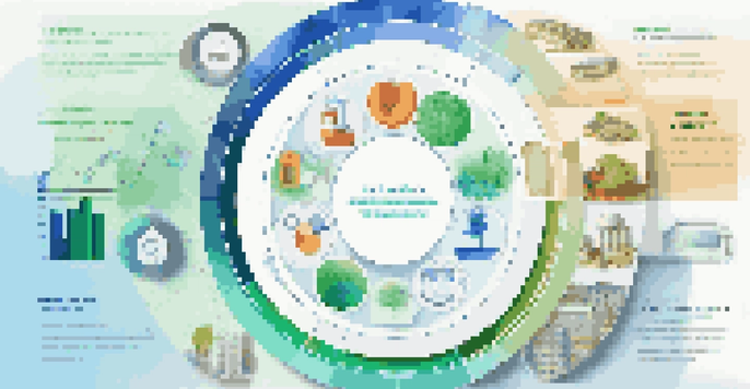 A colorful pie chart representing a diversified investment portfolio, surrounded by icons of different industries like healthcare and technology on a soft blue and green gradient background.