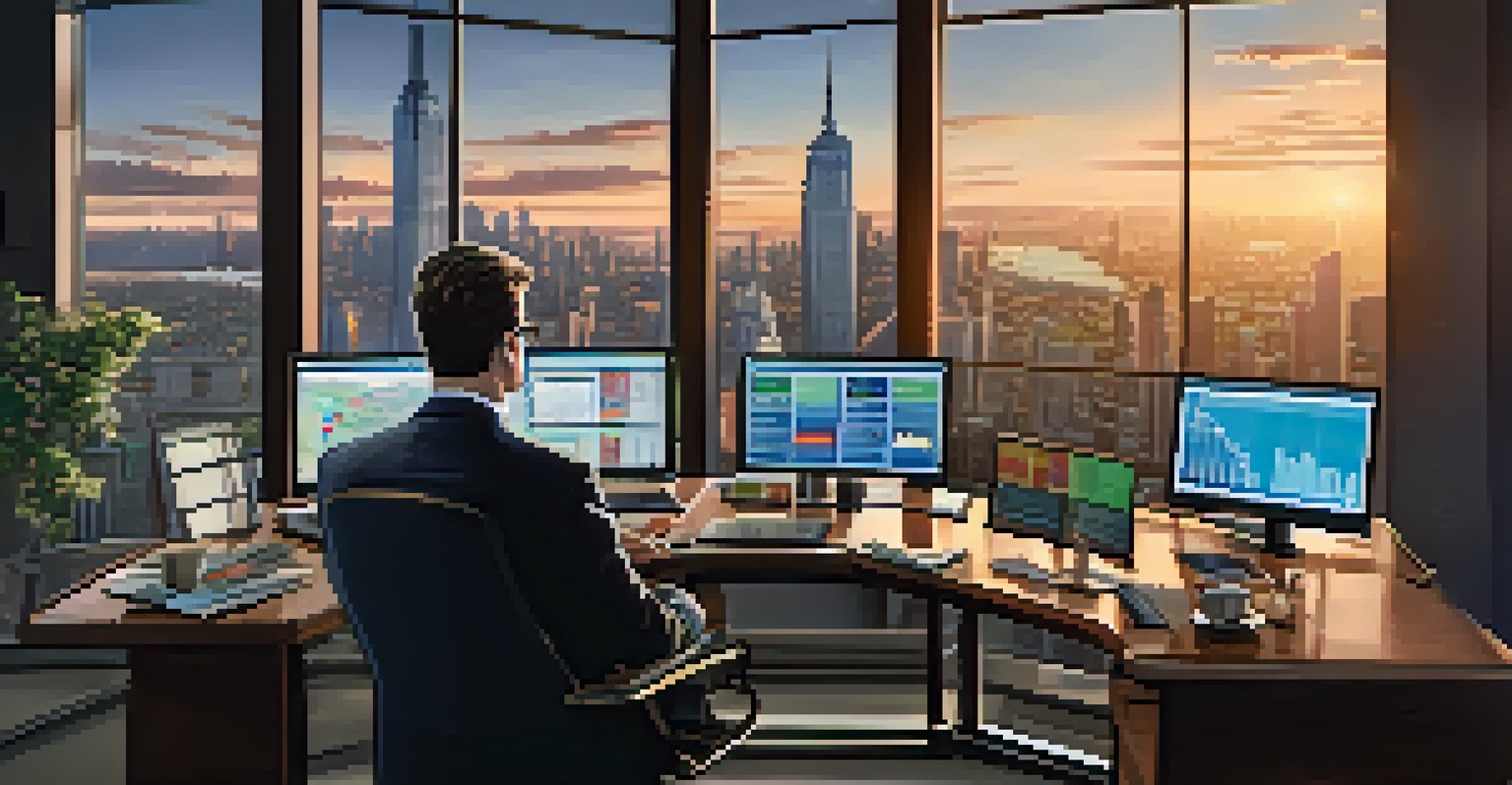 A hedge fund manager working at a desk with multiple screens, surrounded by finance books and a city skyline view at sunset.