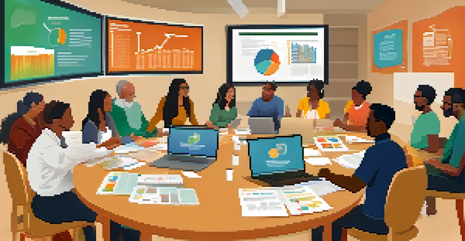 A diverse group of individuals participating in a financial literacy workshop, surrounded by laptops and educational materials in a collaborative environment.