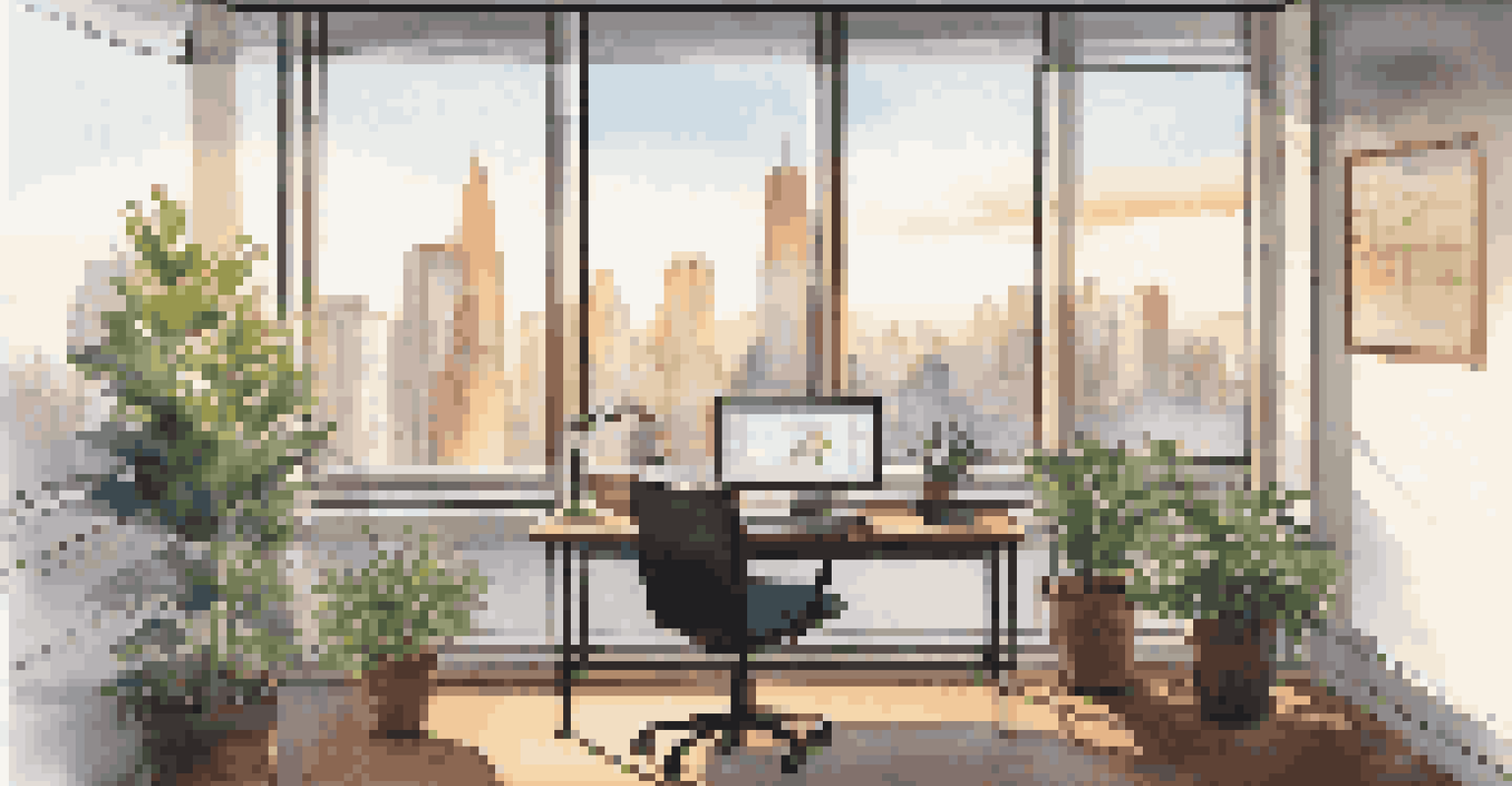 A peaceful office with a city view, showing a computer screen displaying a stock options chart.
