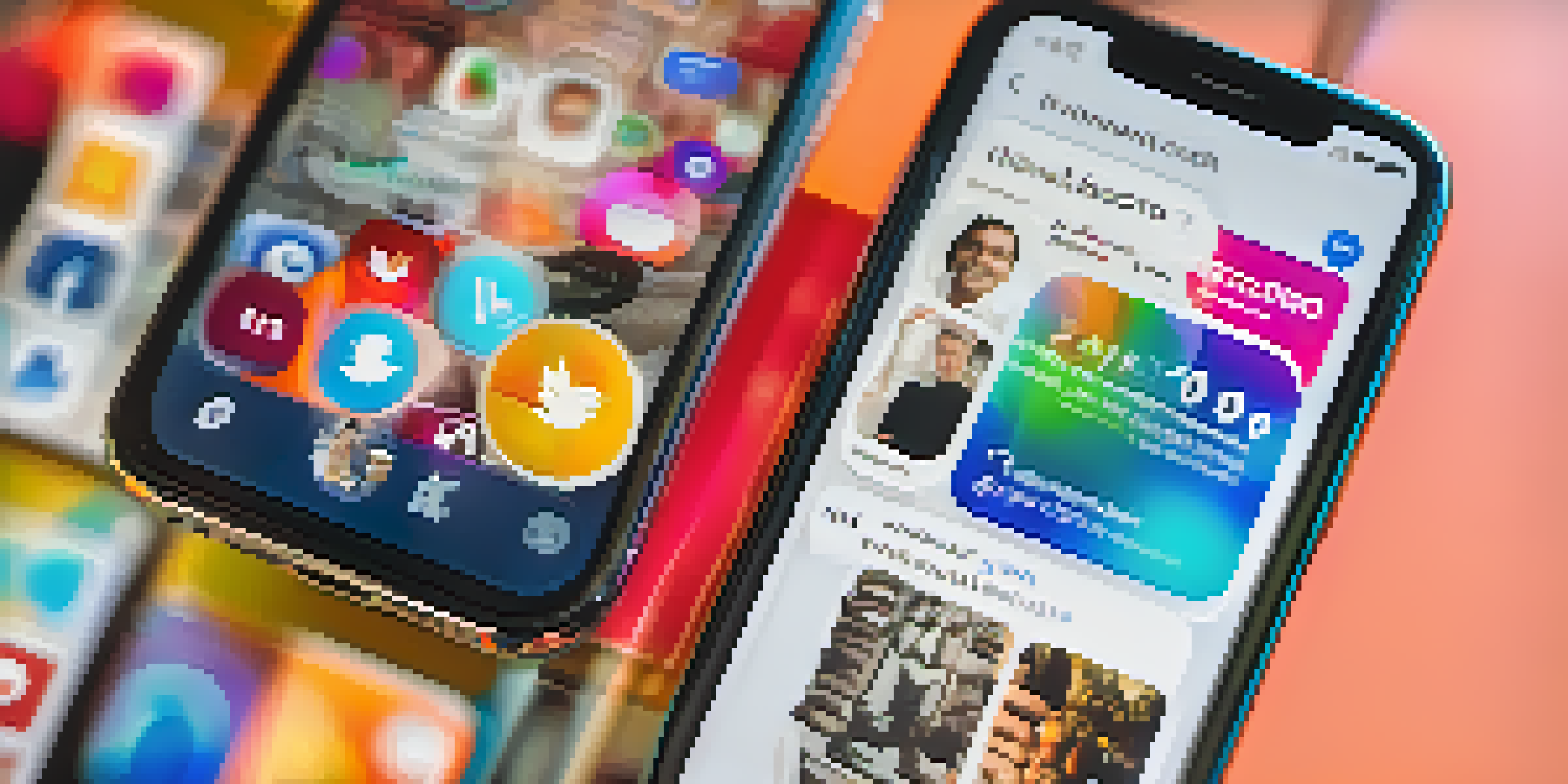 A smartphone displaying a colorful social media feed with investment ads and success stories, set against a softly blurred background.