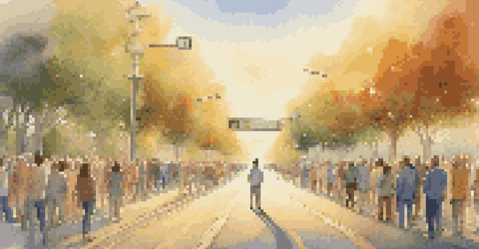 A person at a crossroads between a crowd of investors and a peaceful garden representing personal financial goals.