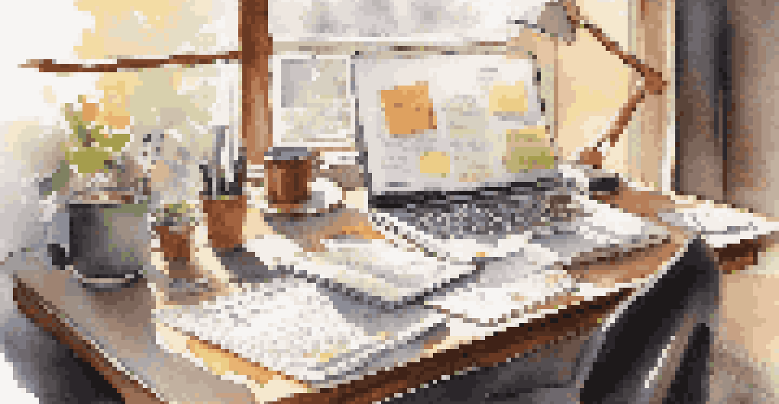 A workspace with financial documents, a laptop, and a coffee cup, bathed in soft sunlight, creating a warm ambiance.