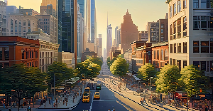 A vibrant urban neighborhood showcasing modern buildings, people interacting, and greenery under warm golden sunlight.