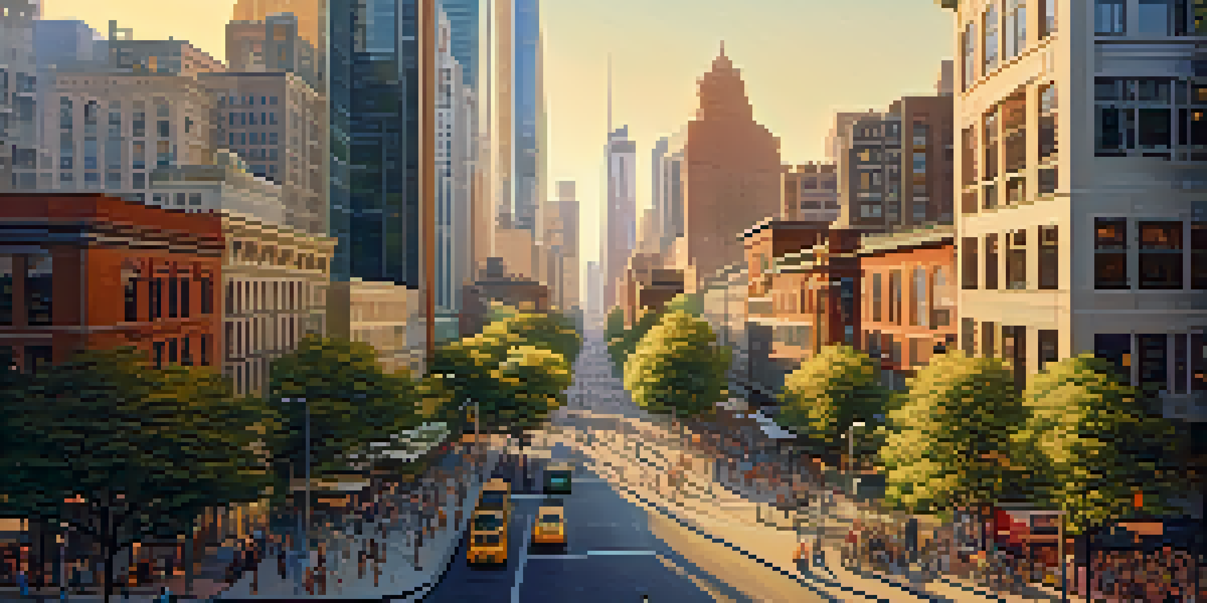 A vibrant urban neighborhood showcasing modern buildings, people interacting, and greenery under warm golden sunlight.