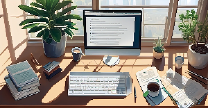 A well-lit home office with a desk, laptop, financial books, and a potted plant, creating a warm and inviting atmosphere.