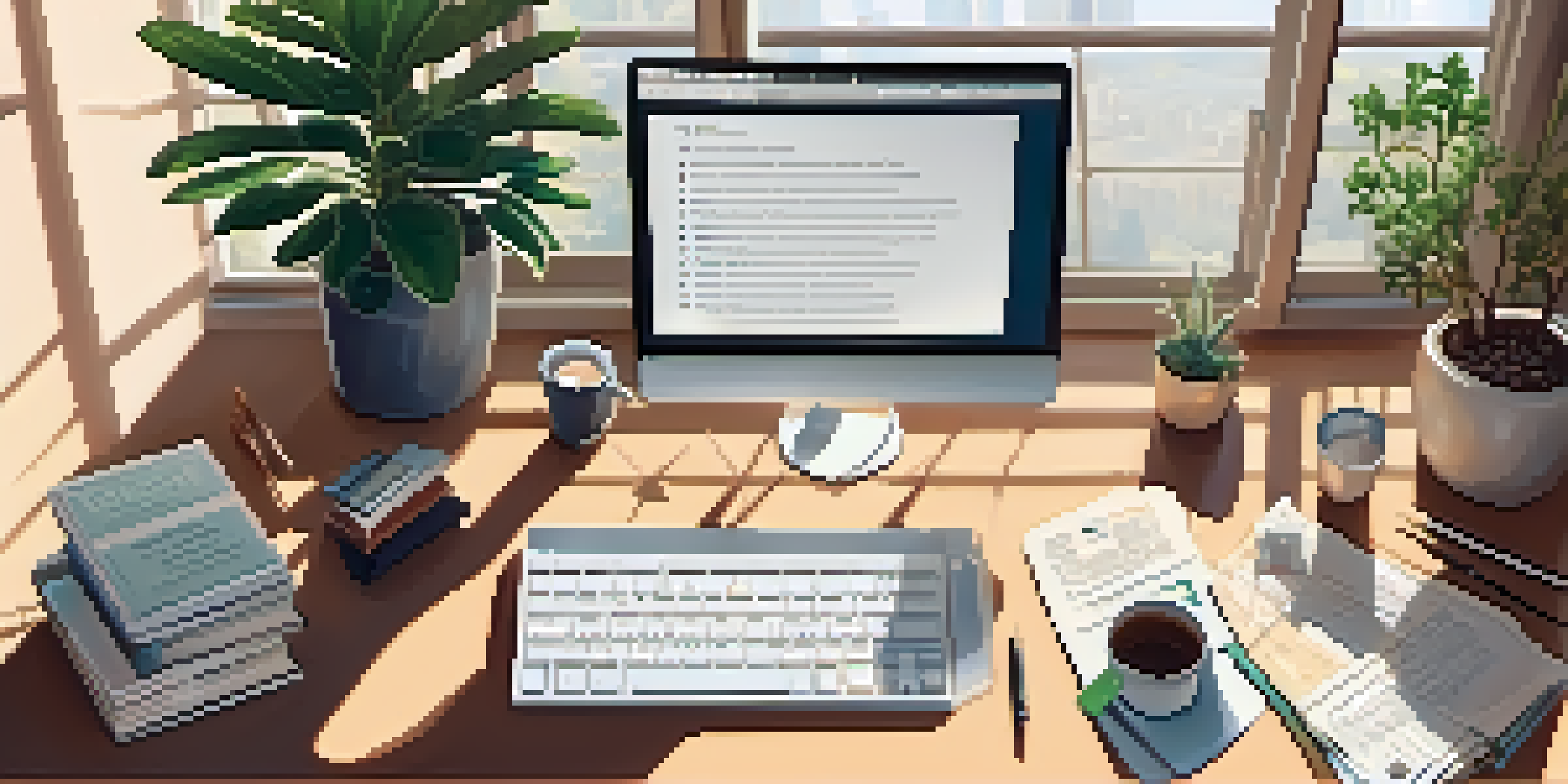 A well-lit home office with a desk, laptop, financial books, and a potted plant, creating a warm and inviting atmosphere.