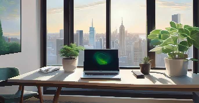 A modern office workspace with a laptop, a notebook, and a potted plant, illuminated by natural light from a window.