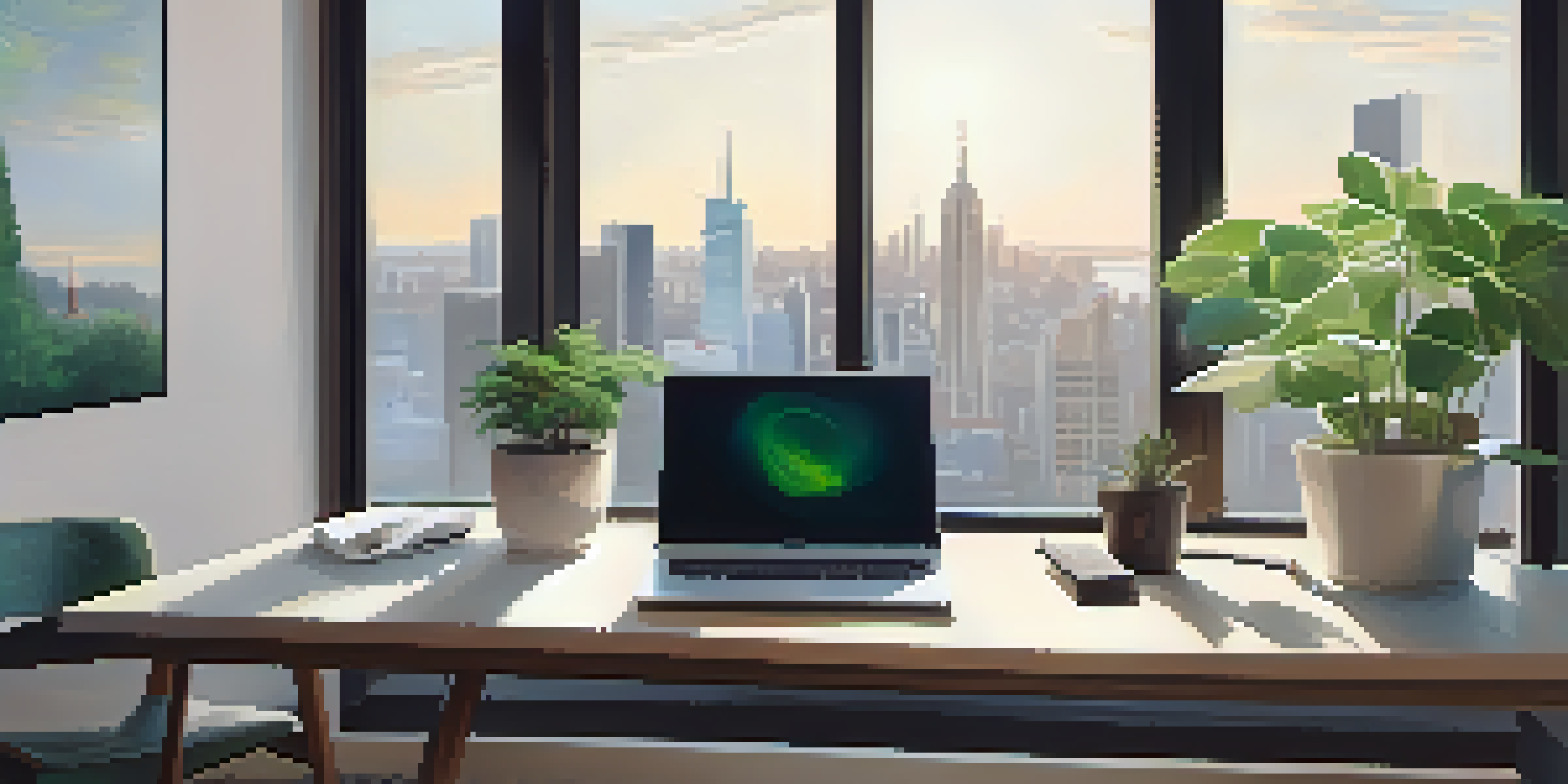 A modern office workspace with a laptop, a notebook, and a potted plant, illuminated by natural light from a window.