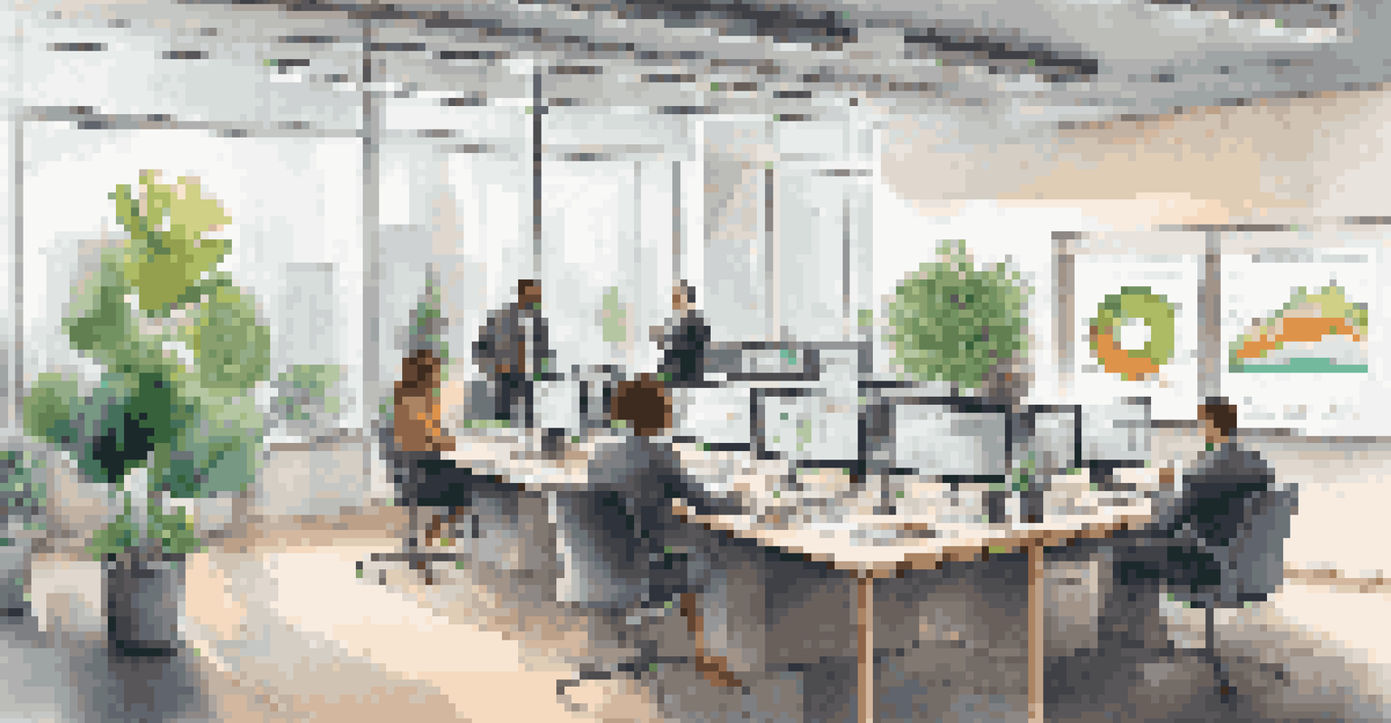 A diverse team of professionals in a bright office discussing ethical investing, with charts on a screen and plants around them.