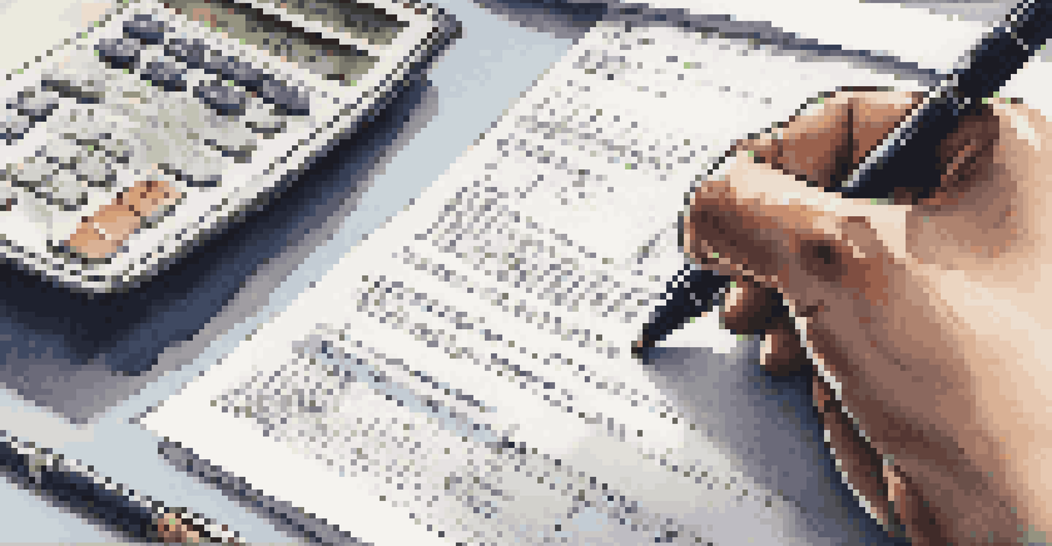 Close-up of a hand holding a pen over a stock option agreement document on a desk, with a calculator, coffee cup, and glasses nearby.