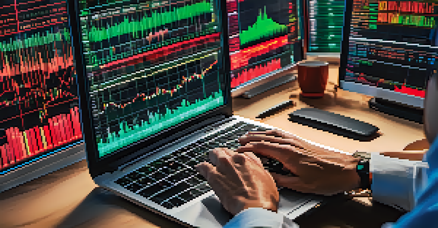 A close-up of a stock market trading screen showing colorful candlestick charts and numerical data, with hands typing on a keyboard.