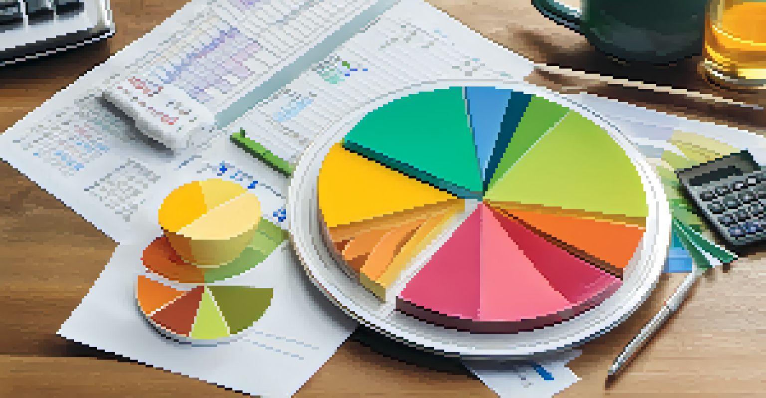 A colorful pie chart representing a budget breakdown on a table beside a calculator and a smartphone, illuminated by soft natural light.