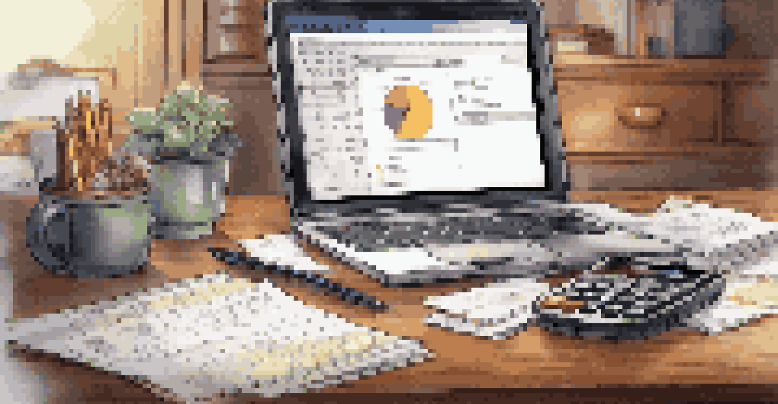 An organized workspace with financial documents, a calculator, and a laptop, illuminated by warm lighting.