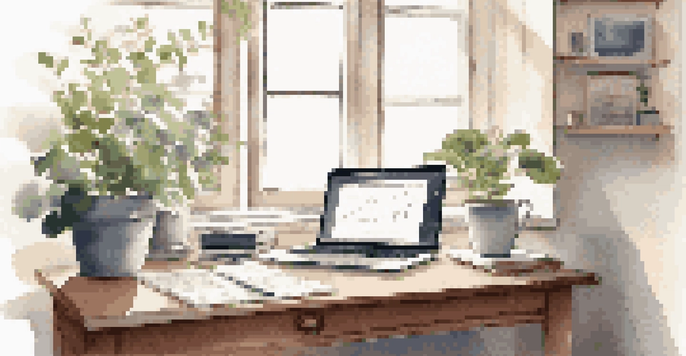 A peaceful home office setting with a desk, laptop, notepad, coffee cup, and a potted plant under warm morning light.