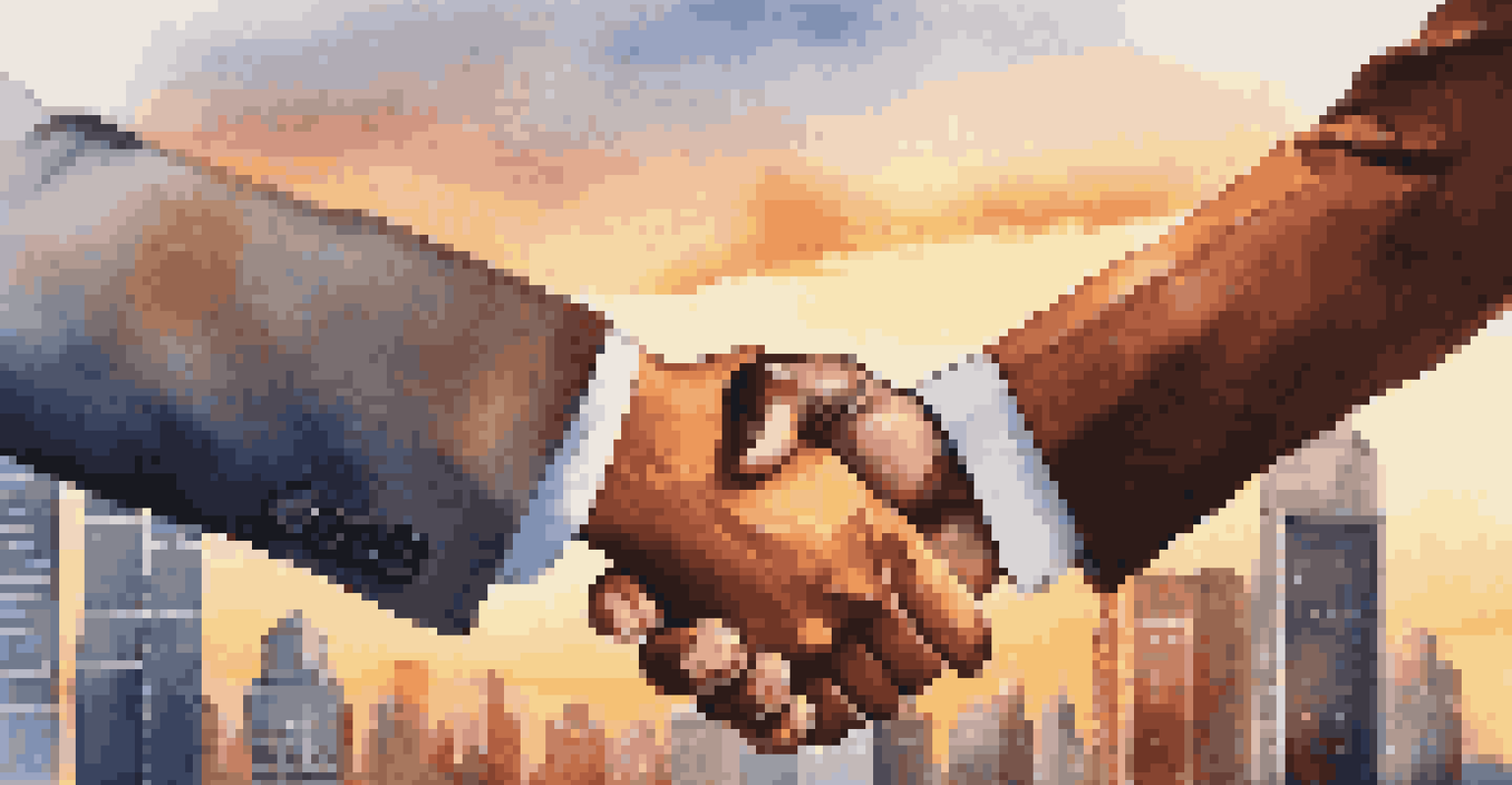 Two professionals shaking hands with a sunset city skyline in the background, symbolizing collaboration.