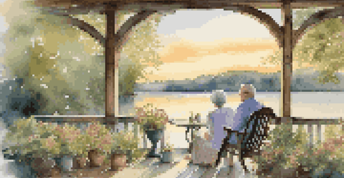 A couple sitting on a porch by a lake at sunset, enjoying tea and surrounded by nature, symbolizing a secure retirement.