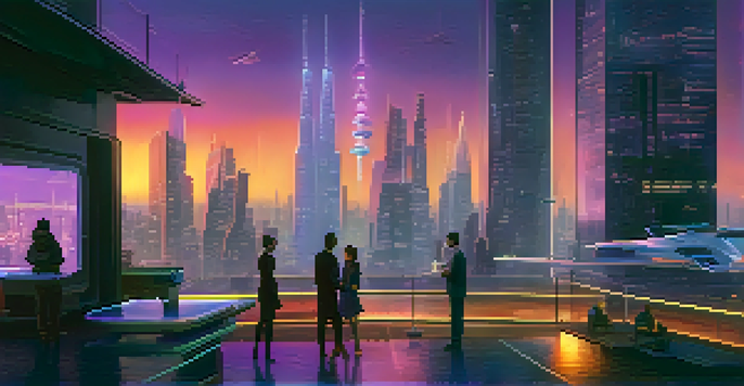 A futuristic city with glowing buildings and flying cars at dusk, featuring people using holographic devices.