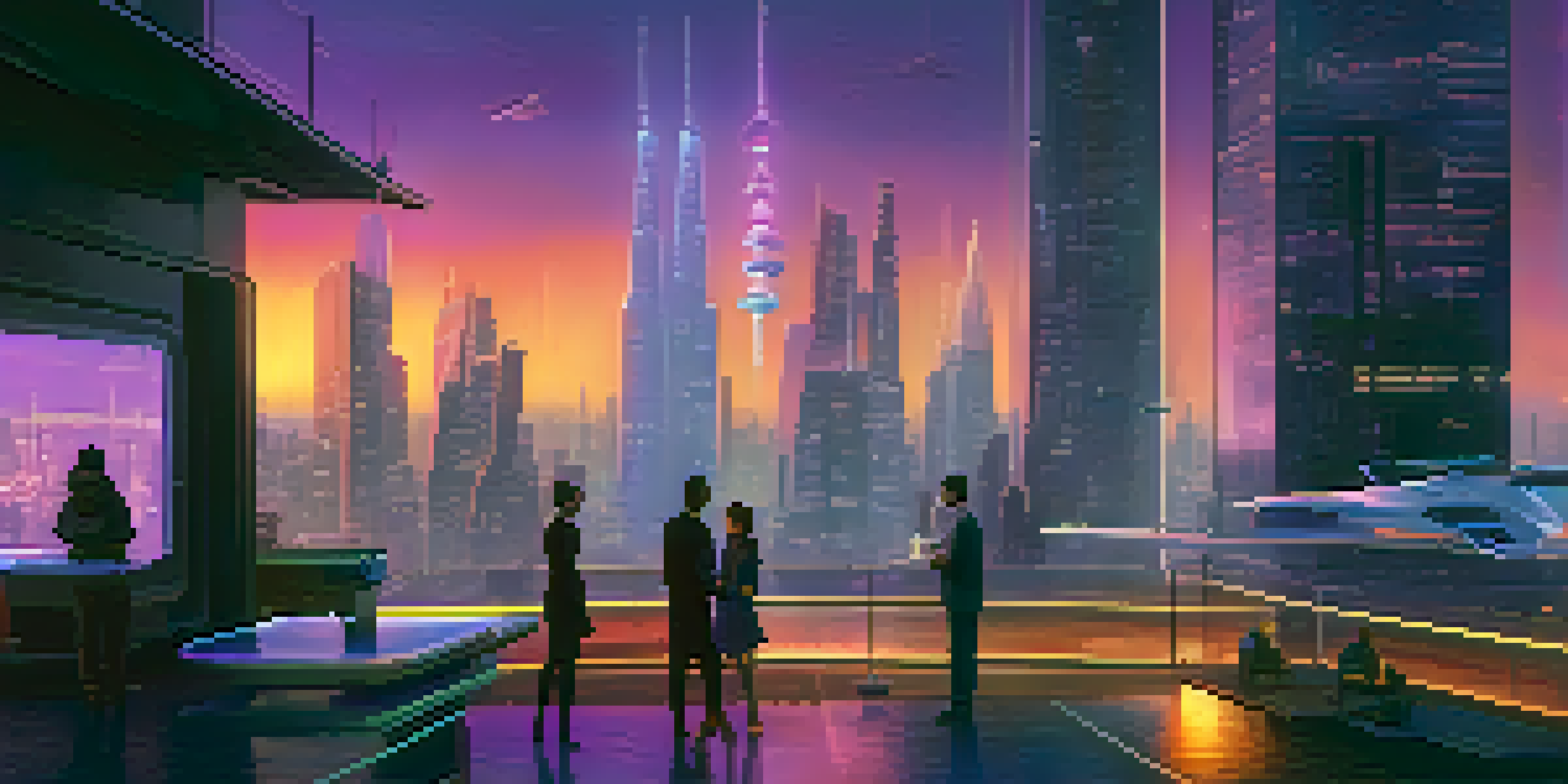A futuristic city with glowing buildings and flying cars at dusk, featuring people using holographic devices.