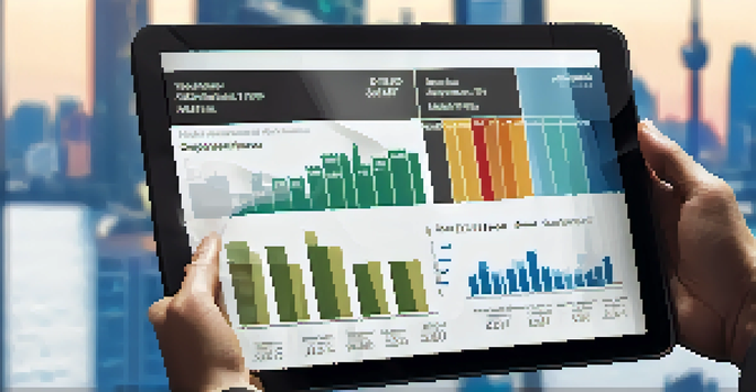 A financial advisor's hands pointing at a performance chart on a tablet in a modern office setting.