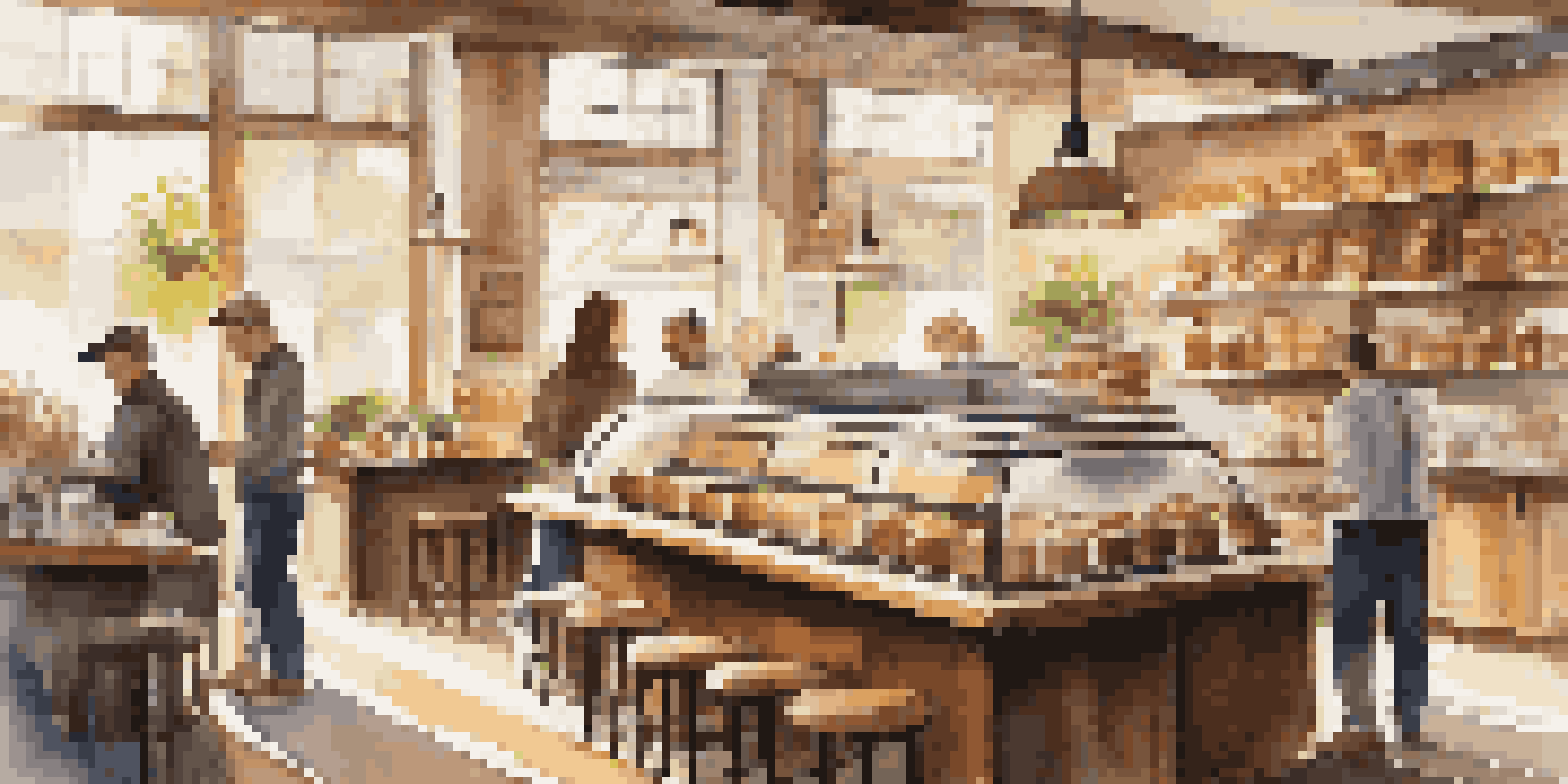 A cozy coffee shop with sunlight, wooden tables, shelves of baked goods, and a barista preparing drinks.