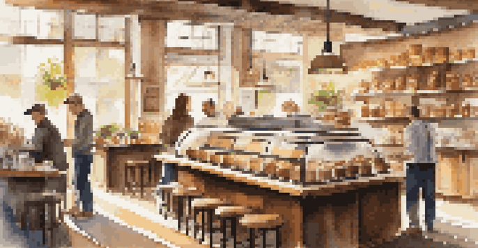 A cozy coffee shop with sunlight, wooden tables, shelves of baked goods, and a barista preparing drinks.