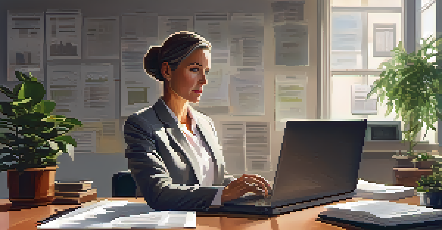 A financial analyst, a middle-aged woman, reviewing corporate bond reports at a modern desk, with soft ambient lighting in the office.