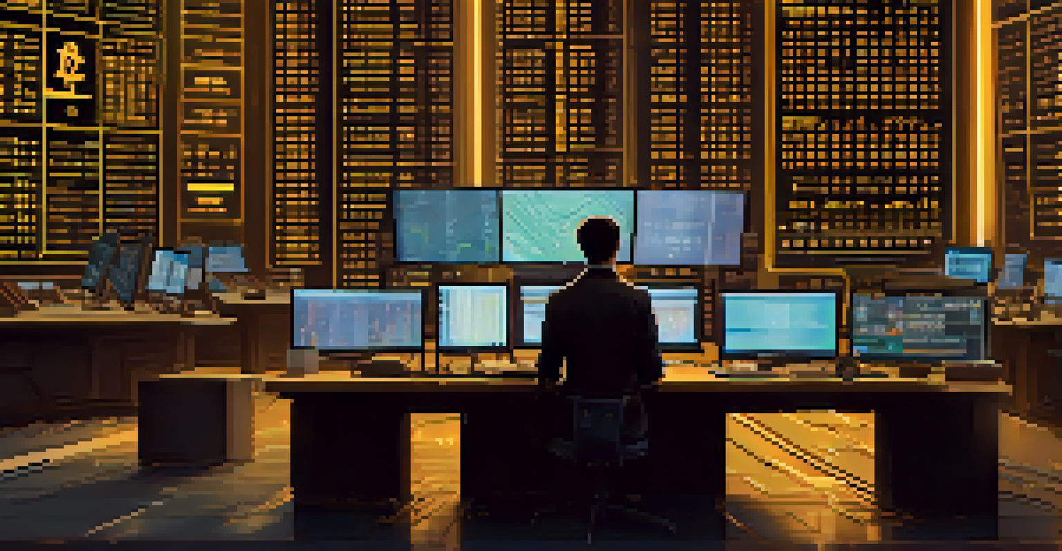 A person at a desk with multiple cryptocurrency market screens and a digital lock symbol above, illustrating focus on security in trading.