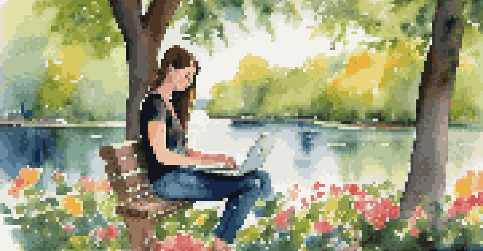 A young woman working on her laptop in a sunny park surrounded by trees and flowers, showcasing remote work flexibility.