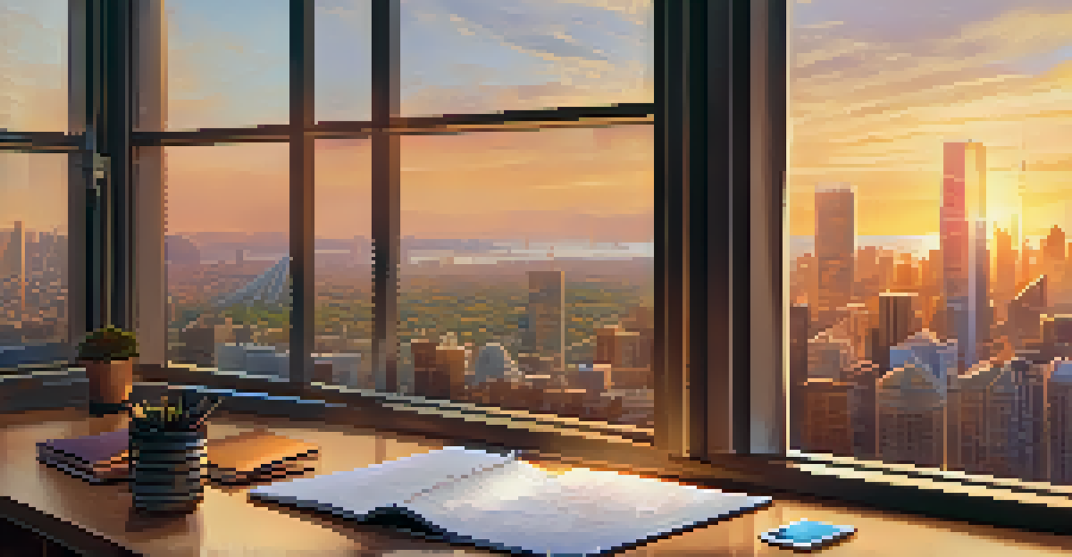 An office with a view of a city skyline at sunset, featuring a desk with a notepad and a tablet displaying market trends.