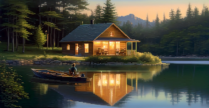 A cozy wooden cabin by a lake at sunset, with a couple enjoying the view on the porch.