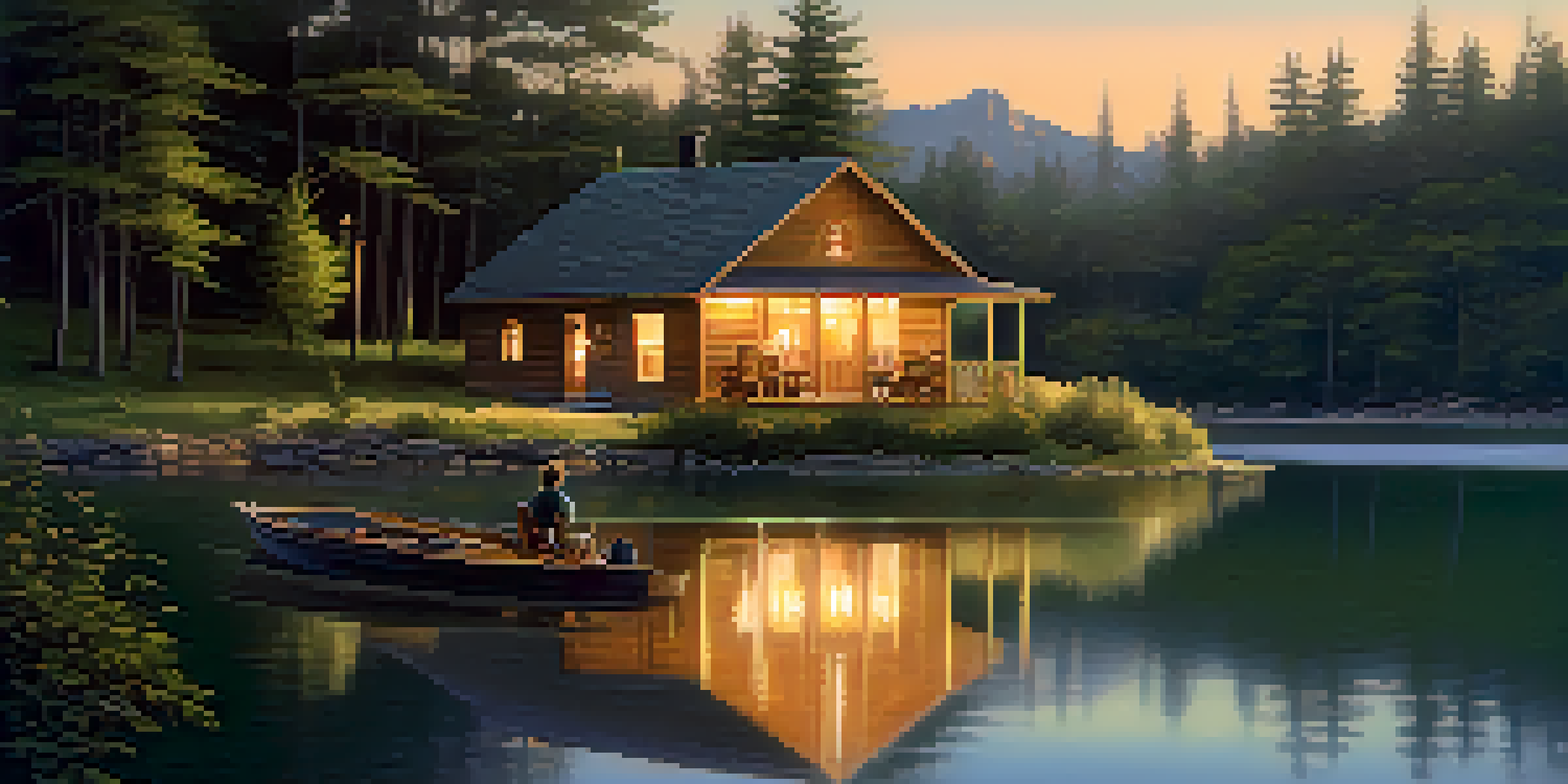 A cozy wooden cabin by a lake at sunset, with a couple enjoying the view on the porch.