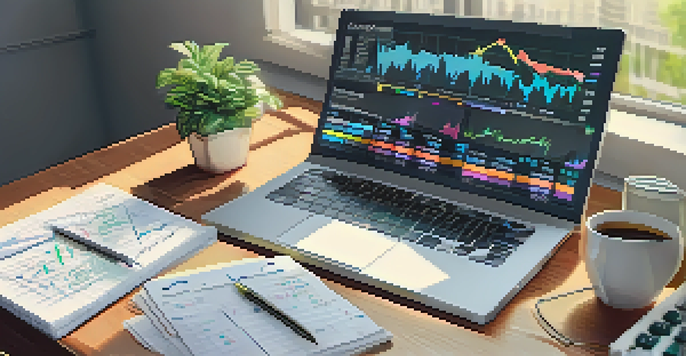 A financial analyst's desk with a laptop, financial graphs, a notepad, and a calculator under natural light.