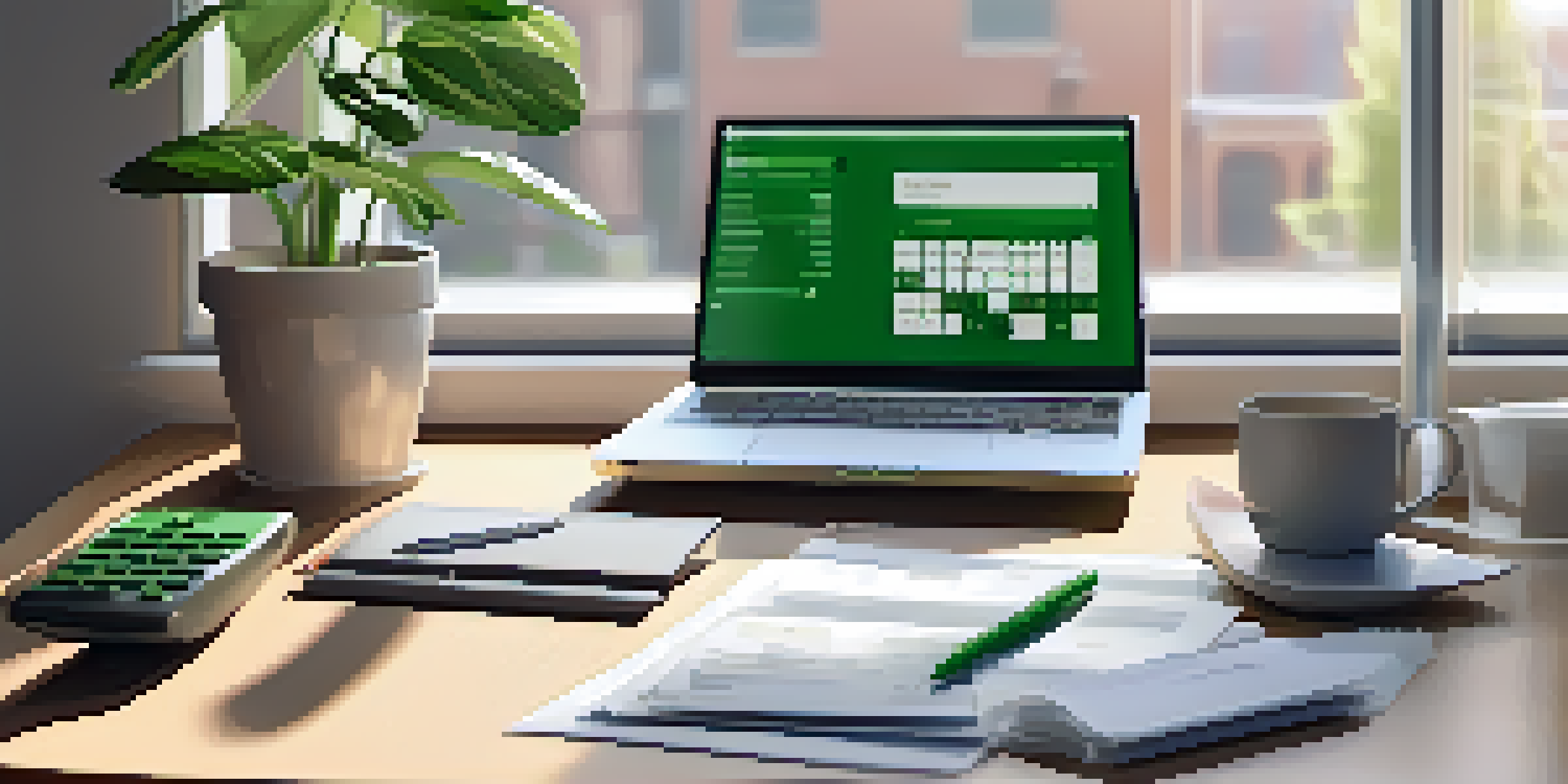 A modern office desk with a laptop, financial documents, and a calculator, illuminated by warm sunlight from a window.