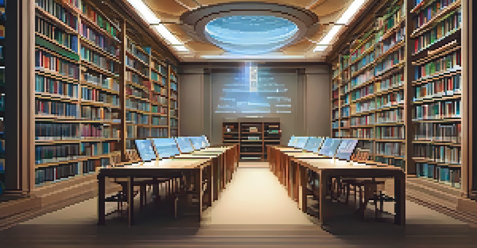 A library with bookshelves and a central table featuring financial documents, with a bright holographic display of investment data above it.