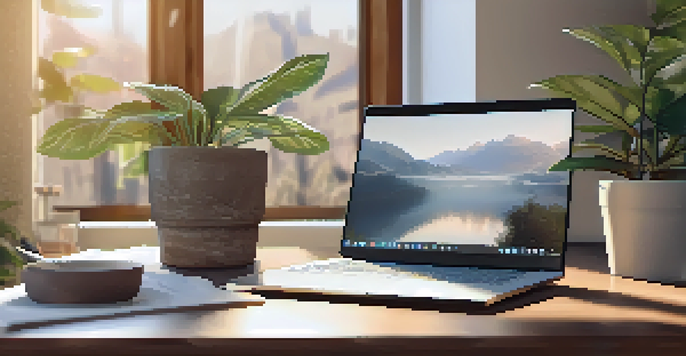 A wooden desk with a laptop, a potted plant, and a cup of coffee in a bright workspace.