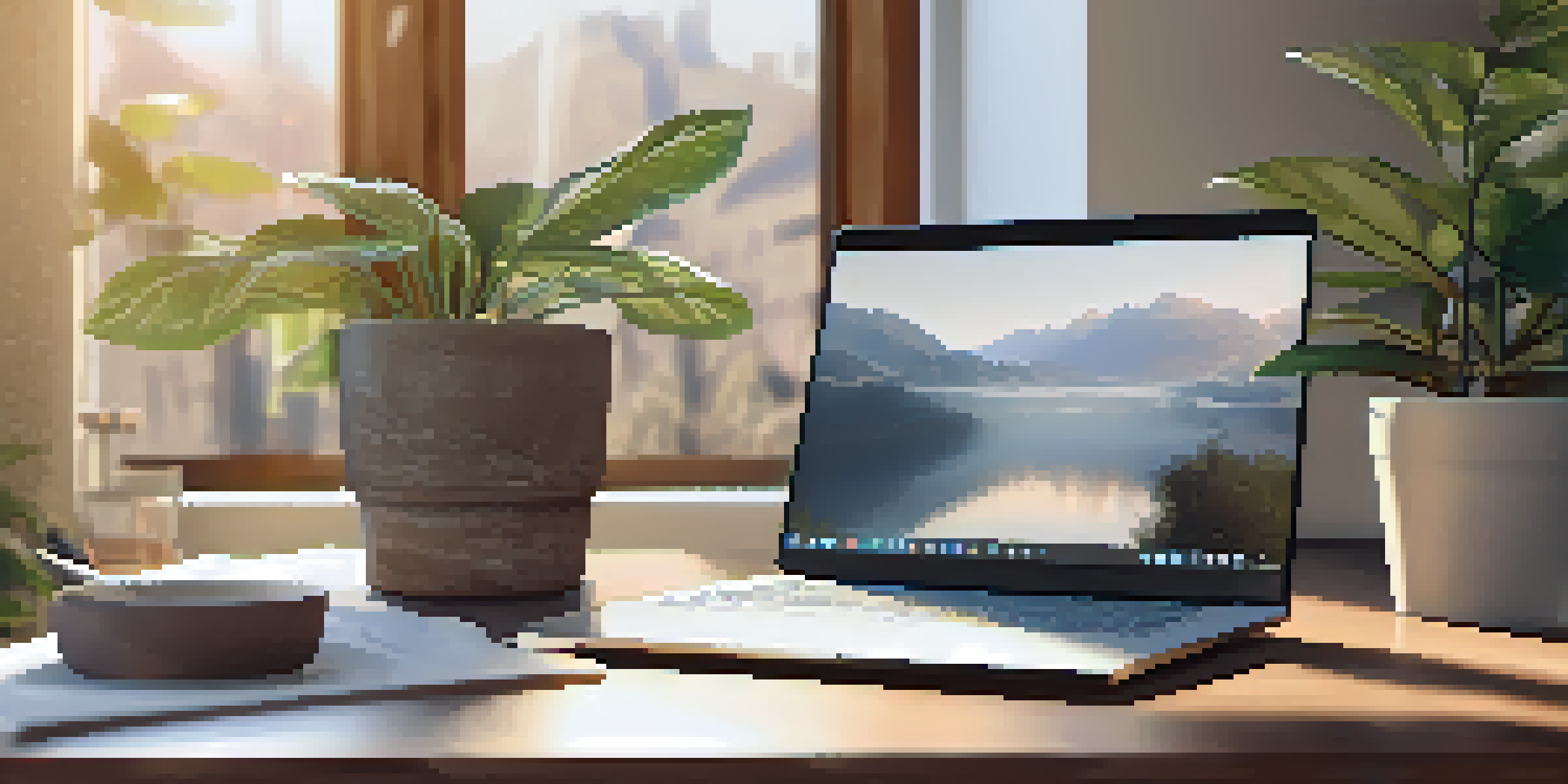 A wooden desk with a laptop, a potted plant, and a cup of coffee in a bright workspace.
