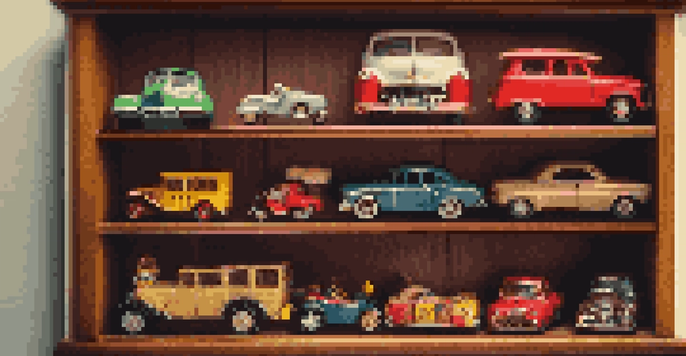 A collection of vintage toys on a wooden shelf, with warm lighting highlighting their details.