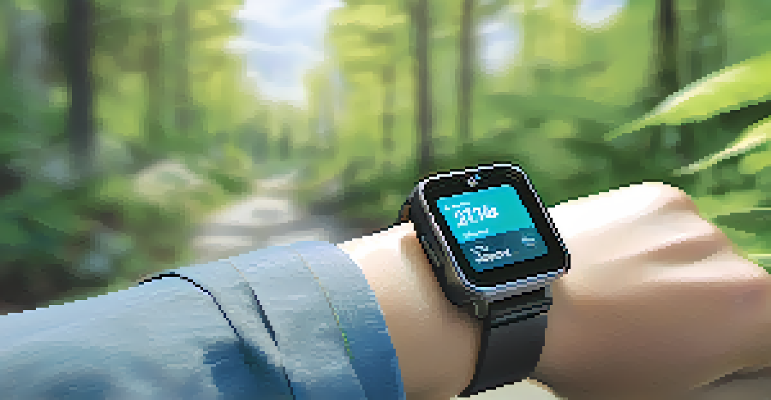 A hand holding a smartwatch displaying health monitoring data with a blurred background of a person exercising outdoors.