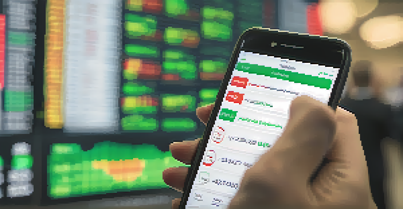 A close-up of a hand holding a smartphone with stock trading app indicators, set against a blurred office environment with colleagues.