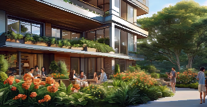 A modern residential building in an urban area, surrounded by greenery and families enjoying the outdoors under a warm afternoon sun.