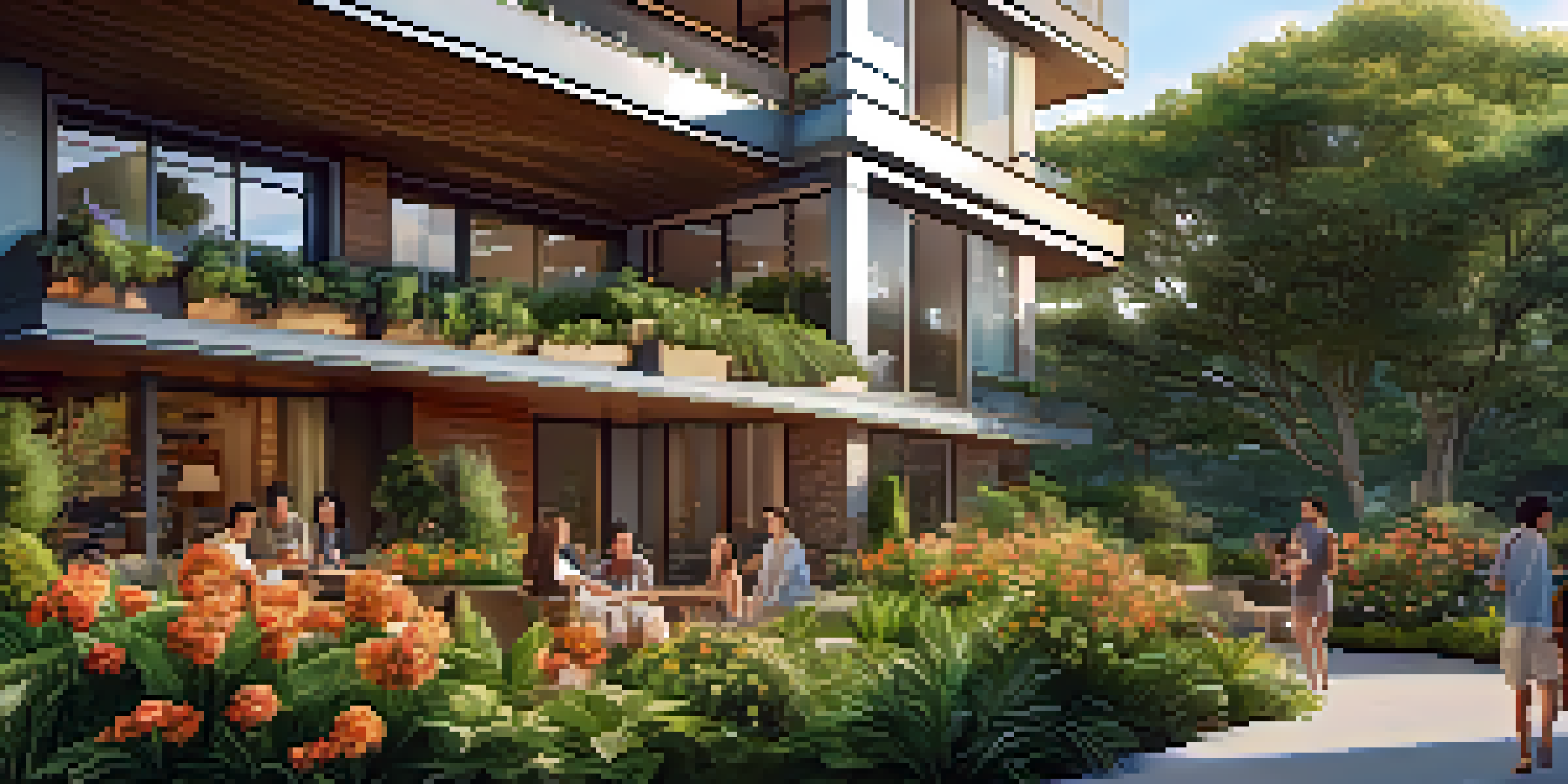 A modern residential building in an urban area, surrounded by greenery and families enjoying the outdoors under a warm afternoon sun.