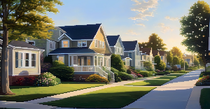 A peaceful suburban neighborhood featuring beautiful rental homes and vibrant gardens under soft sunlight.
