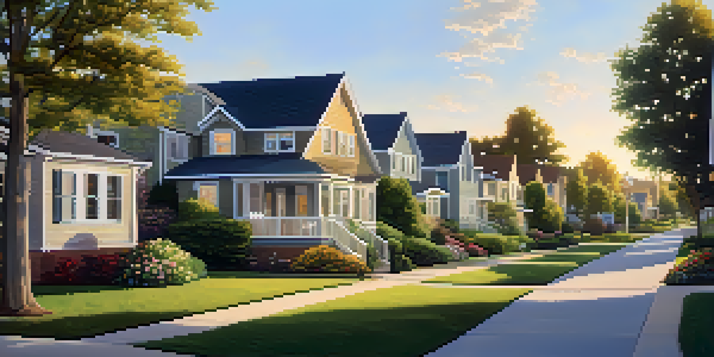 A peaceful suburban neighborhood featuring beautiful rental homes and vibrant gardens under soft sunlight.