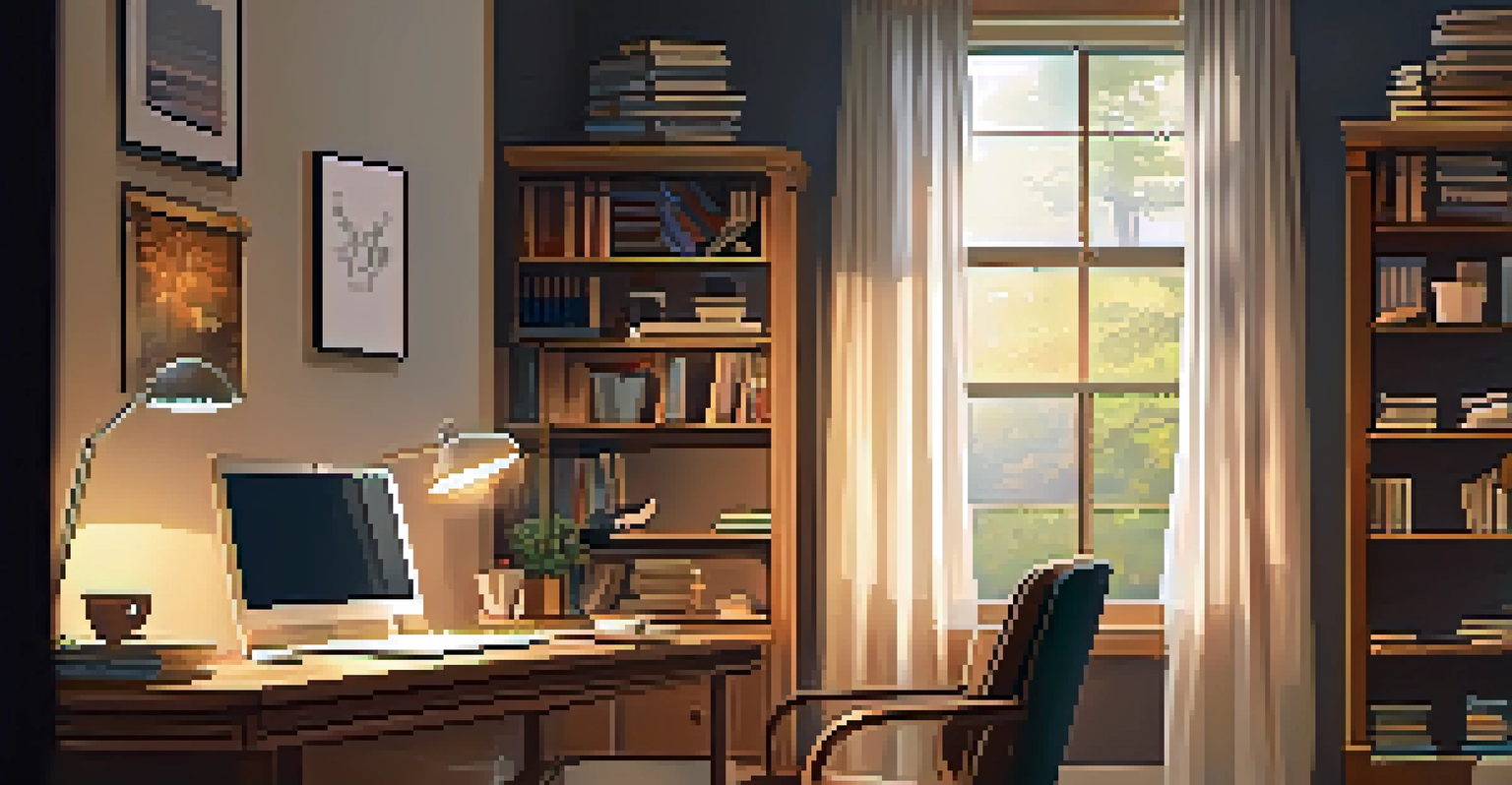 A cozy home office with a wooden desk, laptop, and coffee cup, warmly lit and inviting.