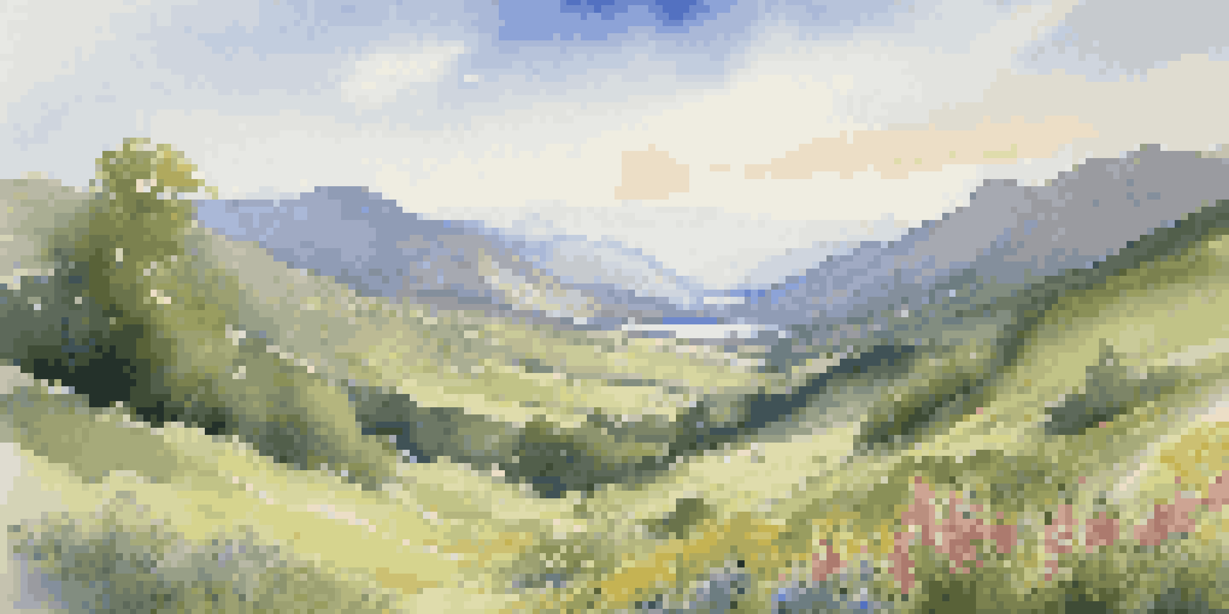 A peaceful green valley with a river, wildflowers in the foreground, and mountains in the background under a bright blue sky.